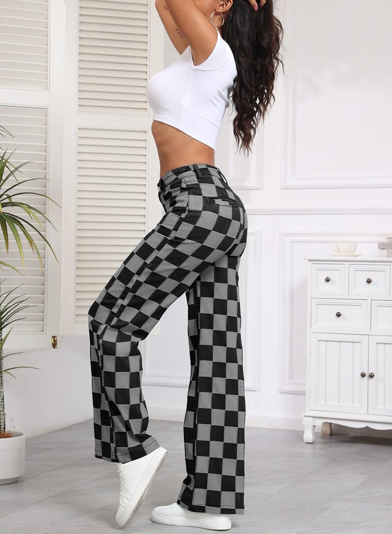 Sidefeel Jeans for Women Trendy High Waisted Wide Leg Stretchy Checkered Straight Leg Loose Denim Pants Black Size 12 - Image 5
