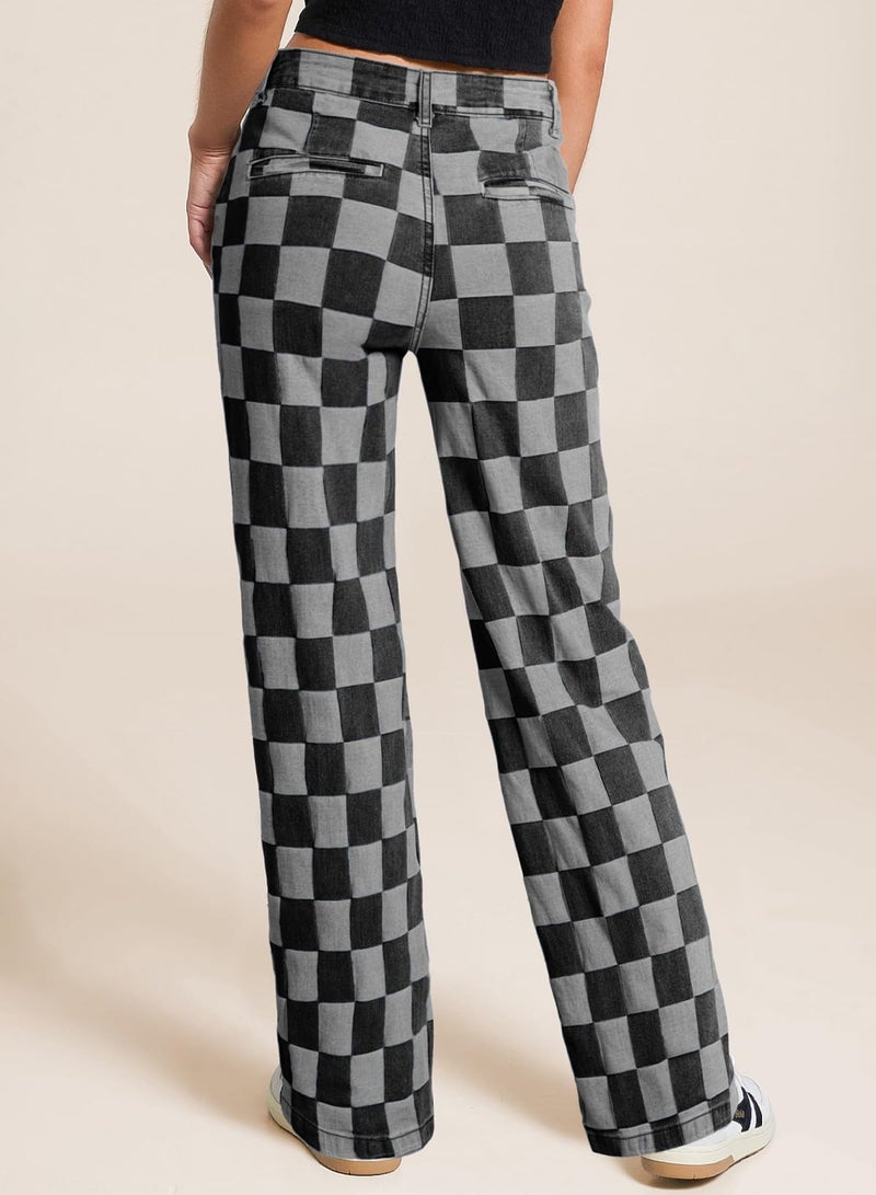 Sidefeel Jeans for Women Trendy High Waisted Wide Leg Stretchy Checkered Straight Leg Loose Denim Pants Black Size 12 - Image 3
