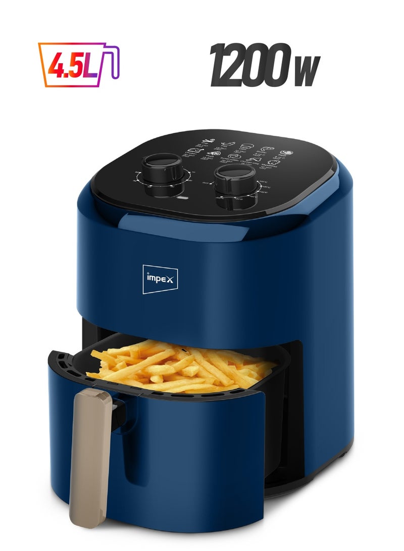 Impex Air Fryer, Non-Stick Basket, Overheat protection, Cool touch handle,60 Mins Timer, Oil-free Cooking, Includes 25 Liners, Fry, Grill, Roast, Steam & Bake, 4.5 L 1200 W AF 4500 Blue - Image 1