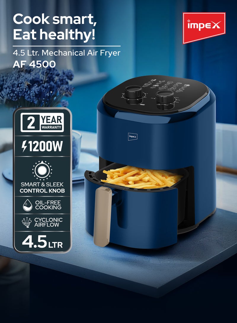Impex Air Fryer, Non-Stick Basket, Overheat protection, Cool touch handle,60 Mins Timer, Oil-free Cooking, Includes 25 Liners, Fry, Grill, Roast, Steam & Bake, 4.5 L 1200 W AF 4500 Blue - Image 2