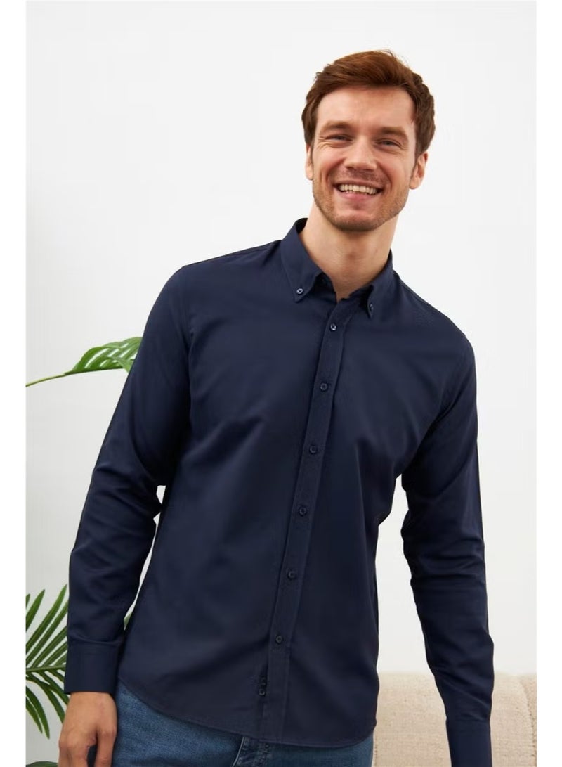 Odelon Easy Iron Oxford Men's Navy Blue Slim Fit Shirt MARS36 - Image 1