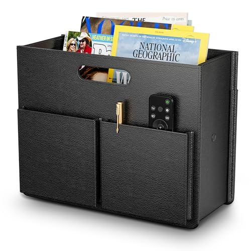 ABC life Magazine Holder Stable Magazine Rack Floor, Foldable PU Leather Newspaper Book Storage Basket Box, Upgraded Magazine File Folder Organizer Free Standing, for Living Room Home Office, Black - Image 1