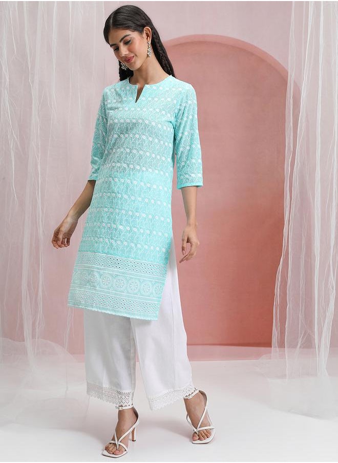 Vishudh Blue & White Floral Embroidered Round Notched Neck Straight Kurta by Styli  - Image 2