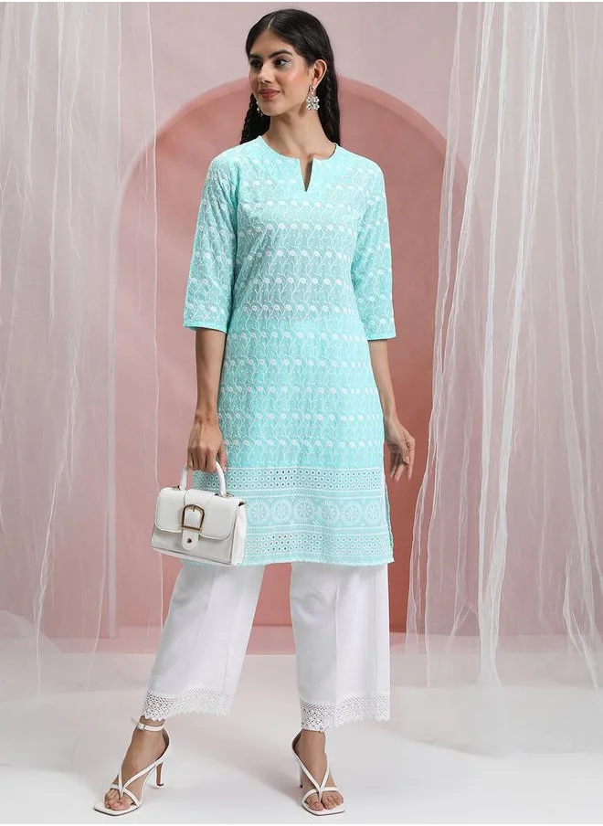 Vishudh Blue & White Floral Embroidered Round Notched Neck Straight Kurta by Styli