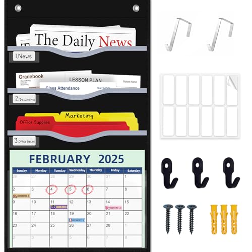 ALSLEA 4 Pockets Hanging Wall File Organizer 15" Extra Wide Pocket Chart for Classroom, Office, Home, Mail Organizer Wall Mounted with 1 Writable Clear Pocket, 5 Wall/Door Hooks & 12 Labels (Black) - Image 1