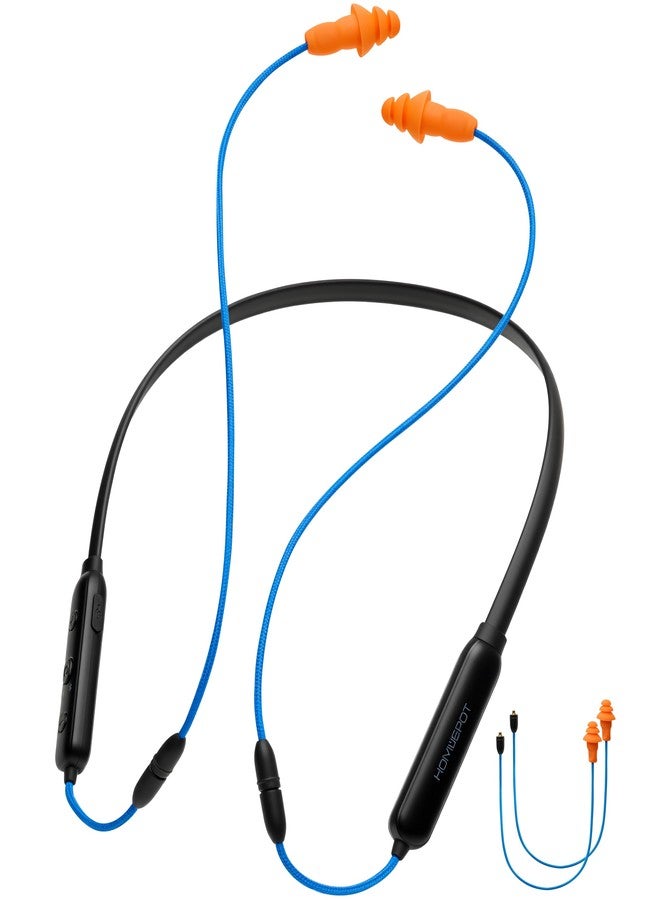 HomeSpot Noise Reduction Wireless Neckband Headphones with Qualcomm aptX HD, 27dB NRR, CVC Noise Cancelling Mic & Controls and 20H Playtime for Work Safety OSHA Compliant - Blue Wire Orange Earbuds - Image 1