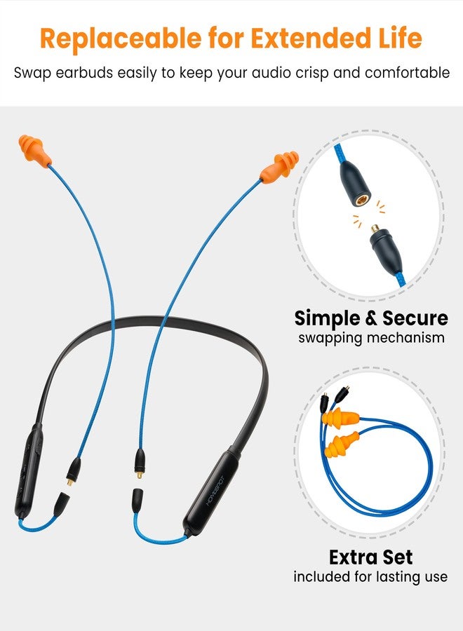 HomeSpot Noise Reduction Wireless Neckband Headphones with Qualcomm aptX HD, 27dB NRR, CVC Noise Cancelling Mic & Controls and 20H Playtime for Work Safety OSHA Compliant - Blue Wire Orange Earbuds - Image 2