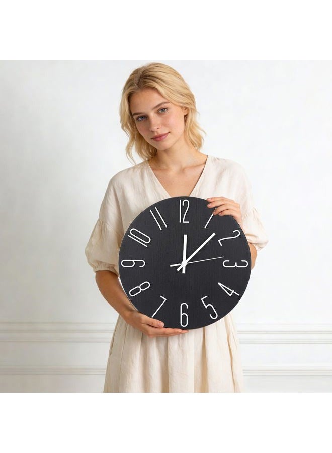 bakbrand Wall Clock 12 Inch Silent Non-Ticking Imitation Wood Indoor Clock Round White Decor Clock Modern 3D Figures Quartz Wall Clocks for Home, Hotel, Office, School, Bedroom, Living Room, Kitchen - Image 3