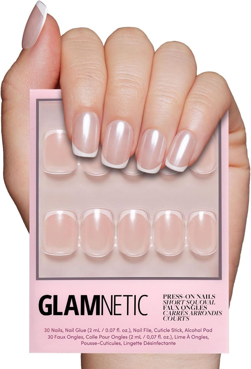 Glamnetic All choice modern design Press On Nails - La Perle, Squoval White Nails With French Tips, Reusable Adhesive False Nails With Glue, Salon Quality, 15 Sizes - Kit With 30 Nails All temp range compatible build - Image 1