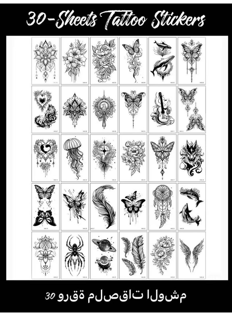 30-Sheets Black Waterproof Temporary Tattoos - Butterfly/Animal/Feather/Planet/Wings/Flower Designs for Adults, Men & Women - Image 1