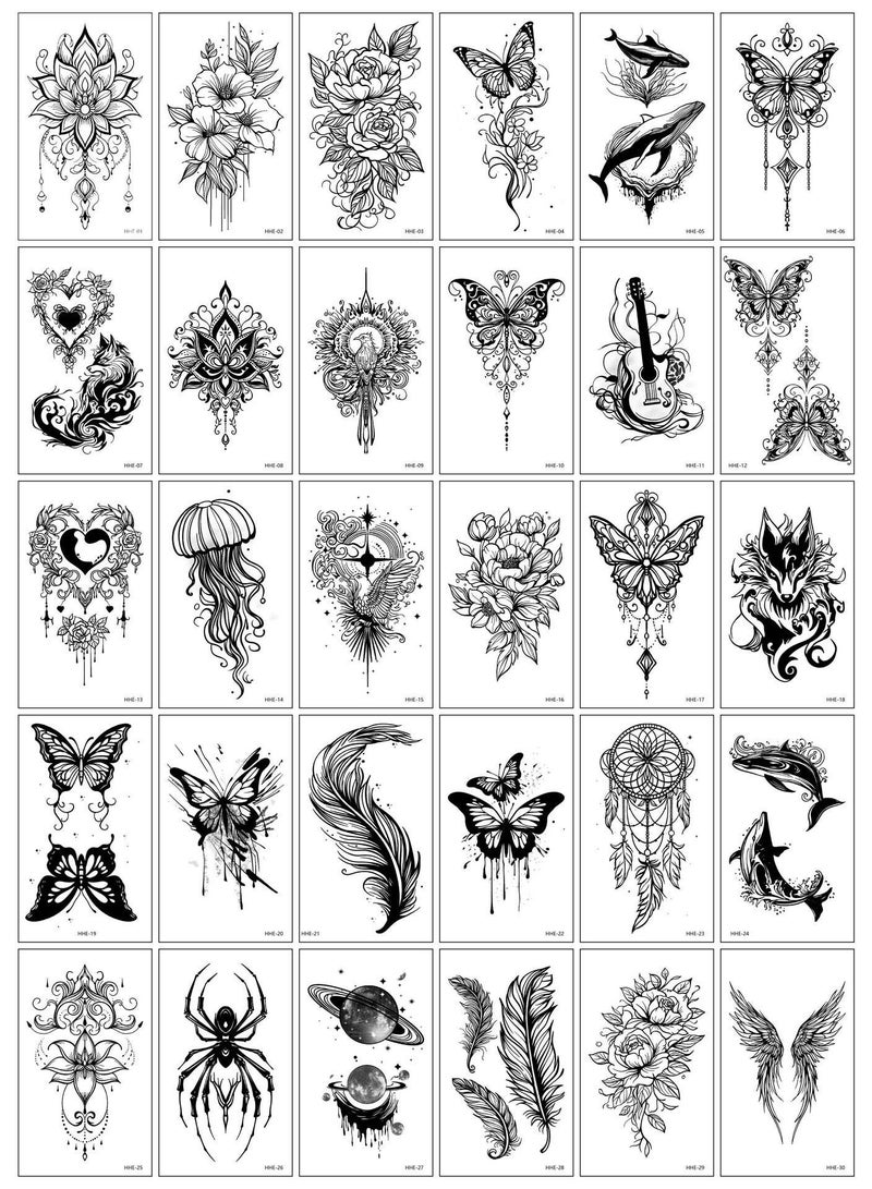 30-Sheets Black Waterproof Temporary Tattoos - Butterfly/Animal/Feather/Planet/Wings/Flower Designs for Adults, Men & Women - Image 2