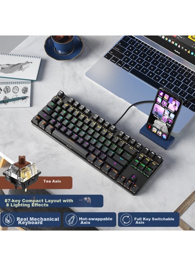 B.O.W Hangshi G19 Wired Mechanical Keyboard, Hot-swappable Mechanical Keyboard, Computer Office Keyboard, E-sports Gaming Keyboard, 87-key Mixed Backlit Keyboard, Brown Switch, Black - Image 1