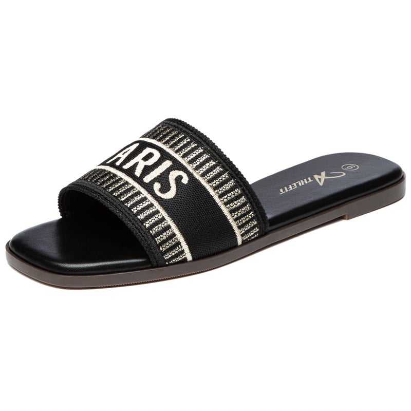 Athlefit Women's Slides Summer Fashion Slip On Flat Sandals Dressy Black Size 9 - Image 1