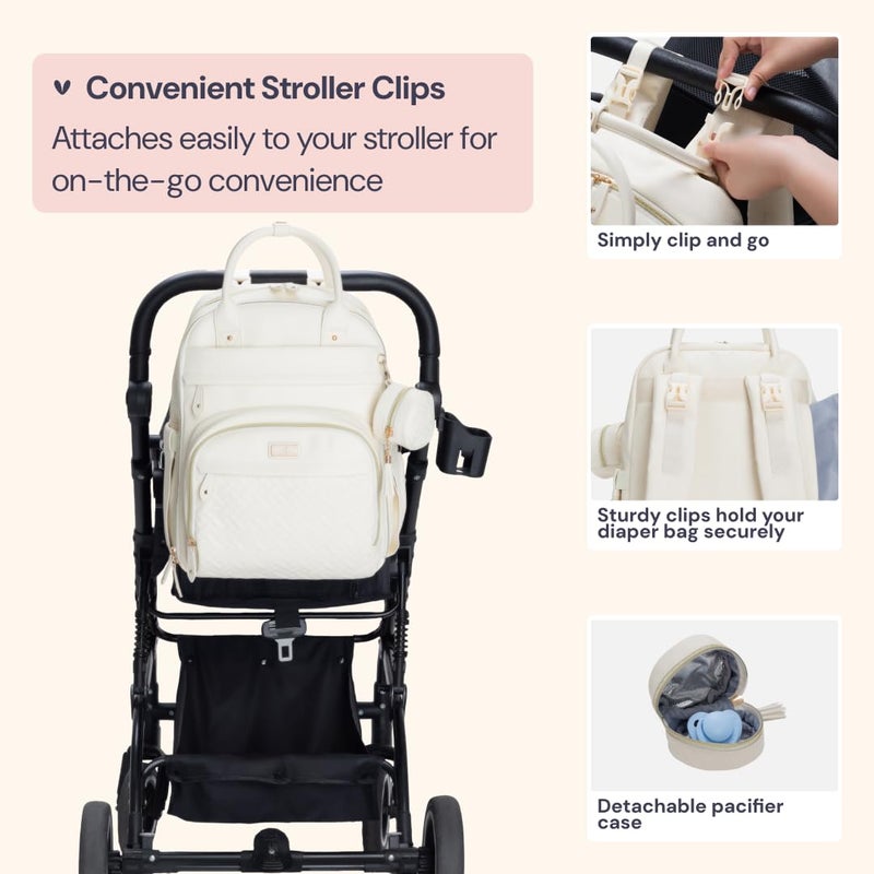 BabbleRoo Leather Diaper Bag Backpack - Baby Essentials Travel Baby Bag, Multi function, Waterproof, with Changing Pad, Stroller Straps & Pacifier Case – Unisex, Eggshell White - Image 5