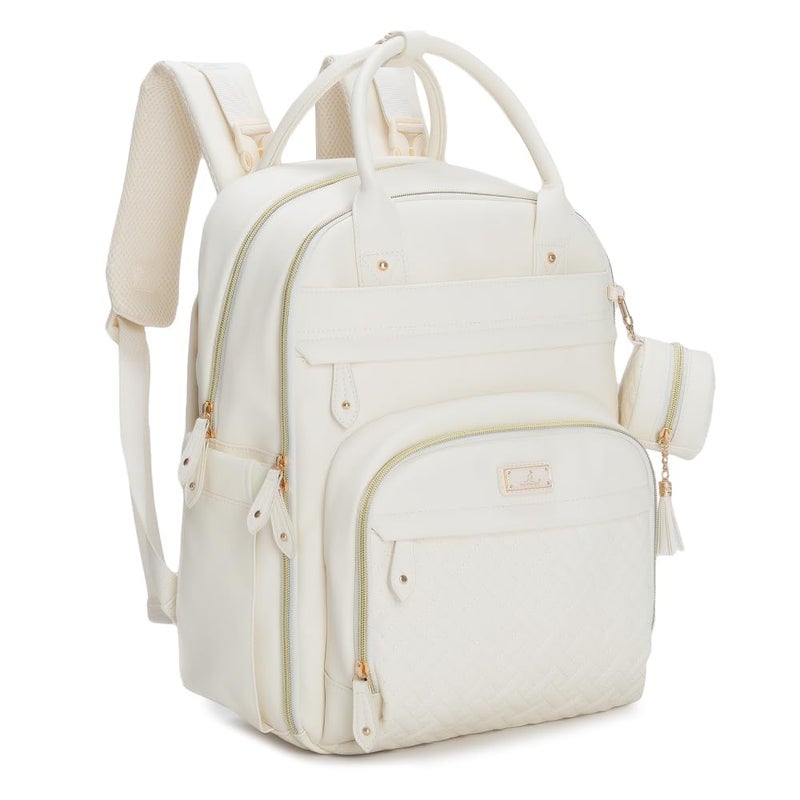 BabbleRoo Leather Diaper Bag Backpack - Baby Essentials Travel Baby Bag, Multi function, Waterproof, with Changing Pad, Stroller Straps & Pacifier Case – Unisex, Eggshell White - Image 1