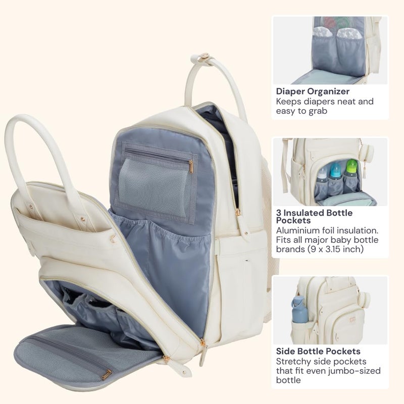 BabbleRoo Leather Diaper Bag Backpack - Baby Essentials Travel Baby Bag, Multi function, Waterproof, with Changing Pad, Stroller Straps & Pacifier Case – Unisex, Eggshell White - Image 3