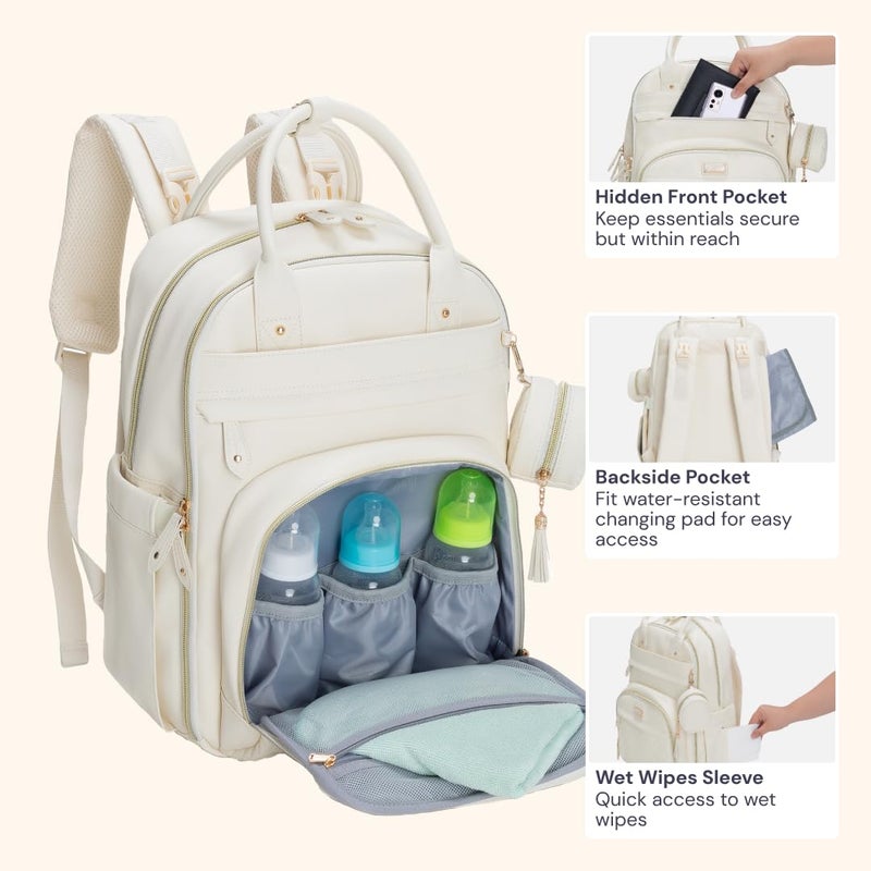 BabbleRoo Leather Diaper Bag Backpack - Baby Essentials Travel Baby Bag, Multi function, Waterproof, with Changing Pad, Stroller Straps & Pacifier Case – Unisex, Eggshell White - Image 4