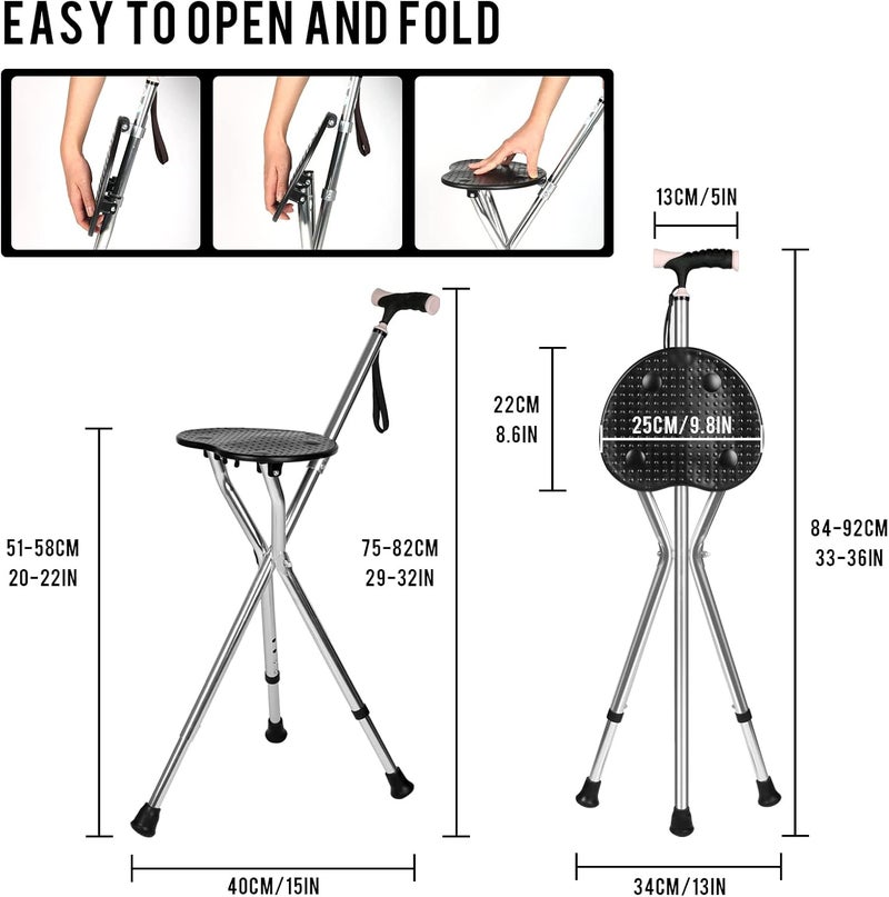 woobles Walking Cane with Seat - Foldable Cane Seat Walking Stick with Double Tube Aluminium Alloy, Heavy Duty 440lbs Walking Stick Stool, Adjustable Height Folding Cane Chair for Seniors Elderly- - Image 5