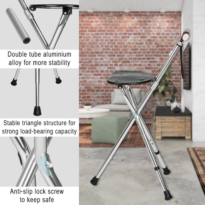 woobles Walking Cane with Seat - Foldable Cane Seat Walking Stick with Double Tube Aluminium Alloy, Heavy Duty 440lbs Walking Stick Stool, Adjustable Height Folding Cane Chair for Seniors Elderly- - Image 2