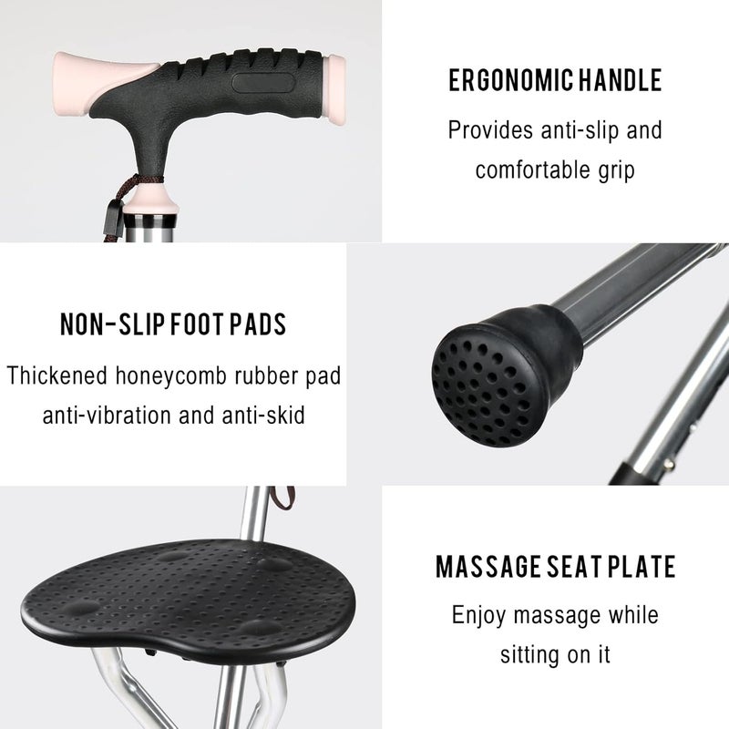 woobles Walking Cane with Seat - Foldable Cane Seat Walking Stick with Double Tube Aluminium Alloy, Heavy Duty 440lbs Walking Stick Stool, Adjustable Height Folding Cane Chair for Seniors Elderly- - Image 3