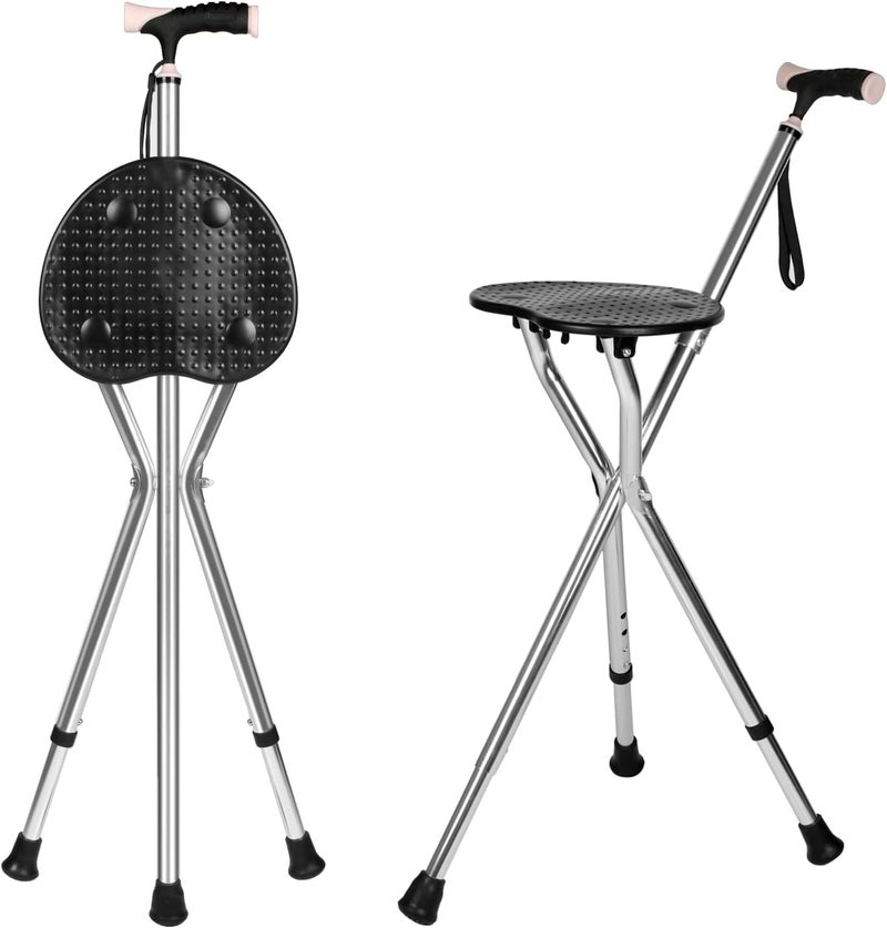 woobles Walking Cane with Seat - Foldable Cane Seat Walking Stick with Double Tube Aluminium Alloy, Heavy Duty 440lbs Walking Stick Stool, Adjustable Height Folding Cane Chair for Seniors Elderly- - Image 1