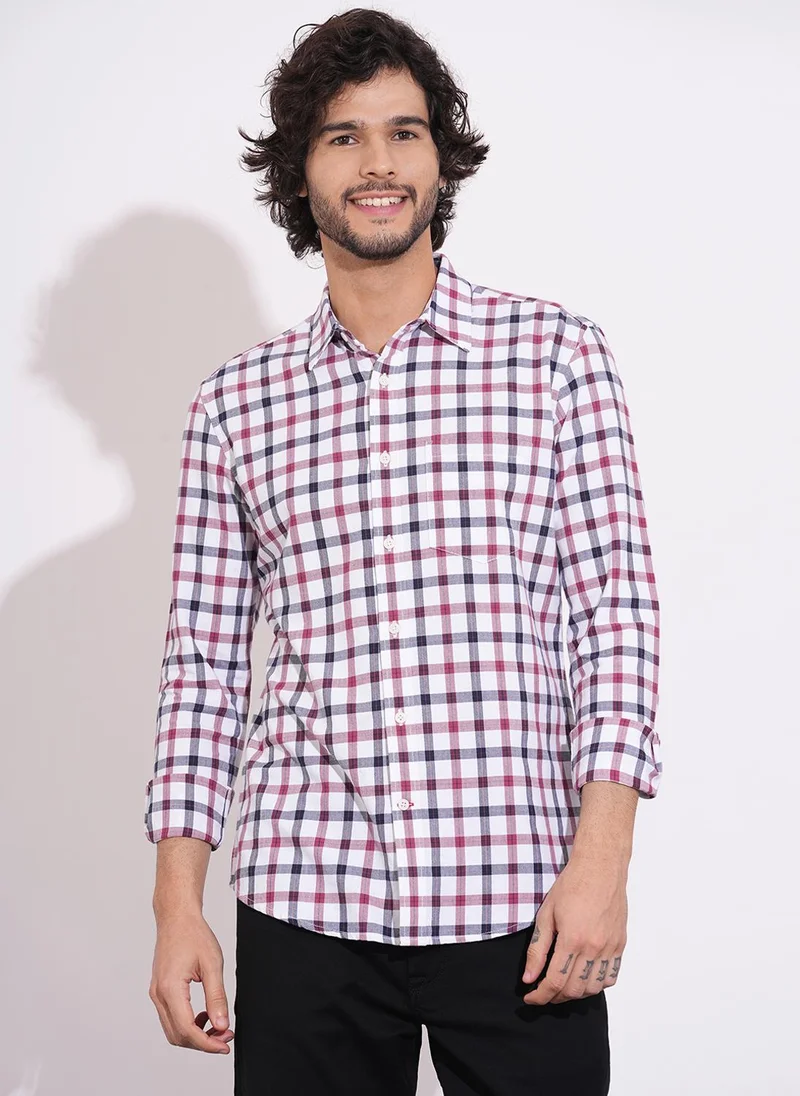 Being Human Men Windowpane Checked Spread Collar Pure Cotton Casual Shirt