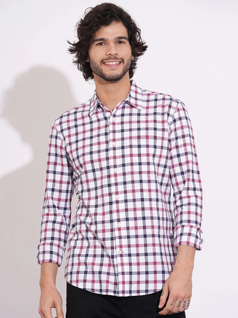 Being Human Men Windowpane Checked Spread Collar Pure Cotton Casual Shirt
