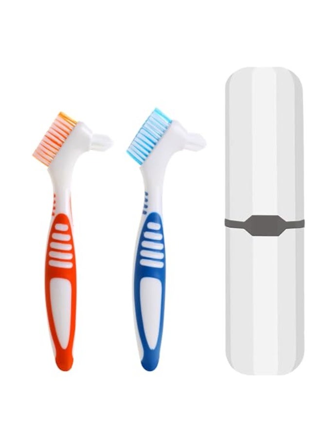 Generic 2Pcs Denture Cleaning Brush with Case Travel False Teeth Toothbrush with Multi-Layered Soft Bristles Effective Denture Cleaner Brushes kit Ergonomic Rubber Handle  - Image 1