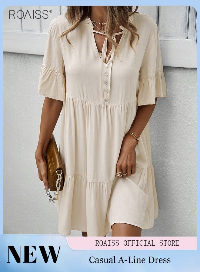 roaiss Women's Fashionable Loose Casual Dress Classic V-Neck  Short Sleeve Button Embellished Beach Dress Neckline Lace Up Ruffle Hem A-Line Dress for Ladies Elegant Temperament Casual Outfit  - Image 1