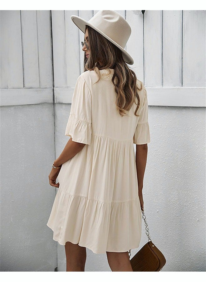 roaiss Women's Fashionable Loose Casual Dress Classic V-Neck  Short Sleeve Button Embellished Beach Dress Neckline Lace Up Ruffle Hem A-Line Dress for Ladies Elegant Temperament Casual Outfit  - Image 2
