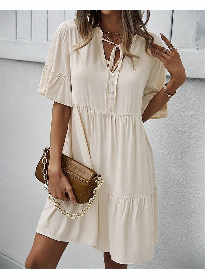 roaiss Women's Fashionable Loose Casual Dress Classic V-Neck  Short Sleeve Button Embellished Beach Dress Neckline Lace Up Ruffle Hem A-Line Dress for Ladies Elegant Temperament Casual Outfit  - Image 5
