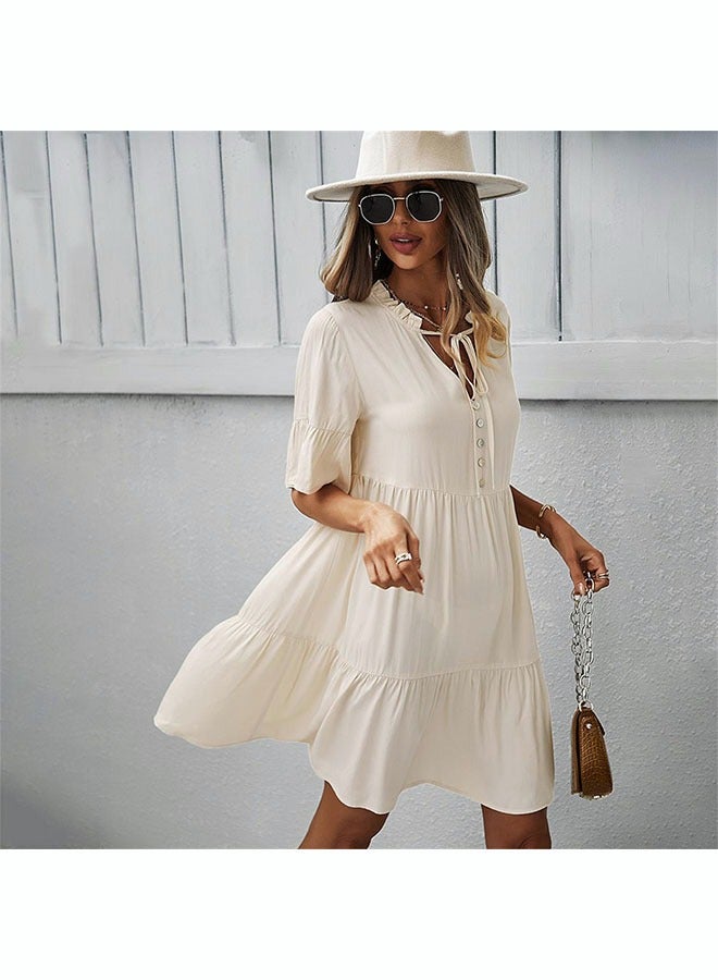 roaiss Women's Fashionable Loose Casual Dress Classic V-Neck  Short Sleeve Button Embellished Beach Dress Neckline Lace Up Ruffle Hem A-Line Dress for Ladies Elegant Temperament Casual Outfit  - Image 4