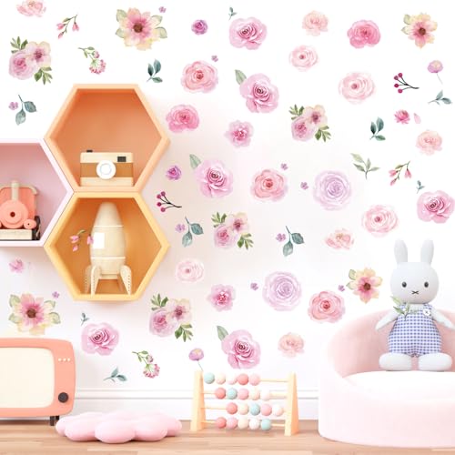CharmFlo Floral Wall Decals Peel and Stick | 60PCS Watercolor Peony Flower & Leaves Stickers | Removable Vinyl Wall Art for Girls Bedroom, Nursery, Living Room | Pastel Home Decor - Image 4