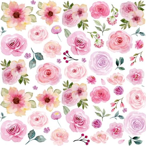 CharmFlo Floral Wall Decals Peel and Stick | 60PCS Watercolor Peony Flower & Leaves Stickers | Removable Vinyl Wall Art for Girls Bedroom, Nursery, Living Room | Pastel Home Decor - Image 1