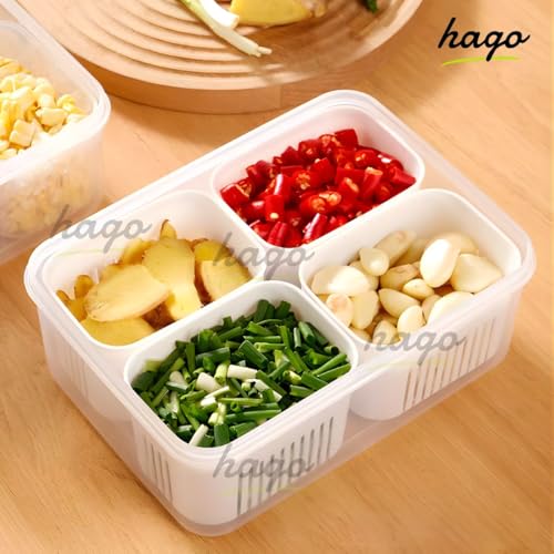 hago Refrigerator Organizer Container with 4 Grid Compartments | 1200 ML Fridge Storage Box for Vegetables & Fruits | BPA-Free Kitchen Storage Container for Fridge Organisation. - Image 3