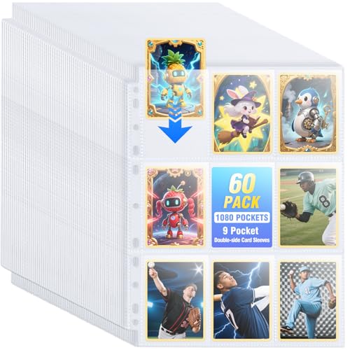 Zofly 60 Pack 1080 Pockets Binder Card Sleeves DoubleSided 9 Pocket Trading Card Pages for 3 Ring Binder UltraClear Plastic Pages Sleeves for Sport Cards Business Cards Game Cards Photos - Image 1
