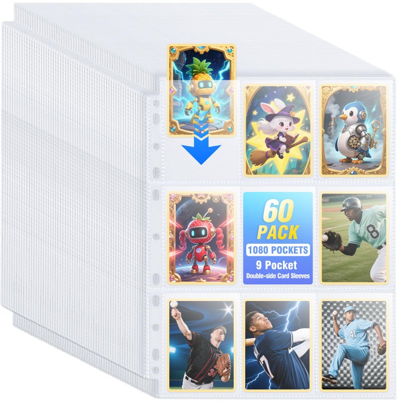 Zofly 60 Pack 1080 Pockets Binder Card Sleeves DoubleSided 9 Pocket Trading Card Pages for 3 Ring Binder UltraClear Plastic Pages Sleeves for Sport Cards Business Cards Game Cards Photos - Image 2
