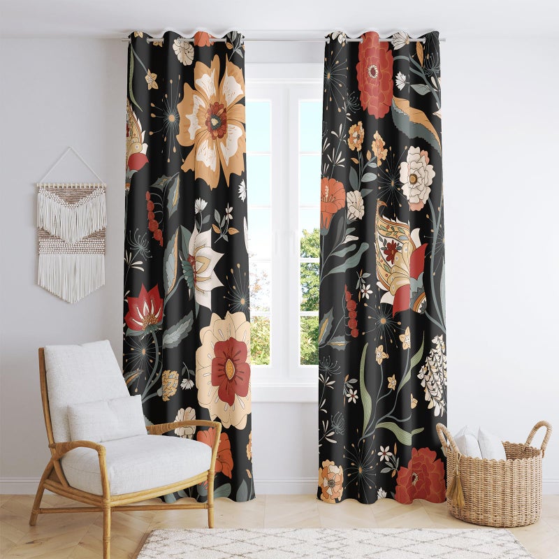 BCLBUSTE Black Red Boho Floral 95% Blackout Curtains 84 inch Long 2 Panels for Bedroom Vintage Farmhouse Black Out Curtains Botanical Print Patterned Room Darkening Grommet Drapes for Living Room,52Wx84L - Image 1