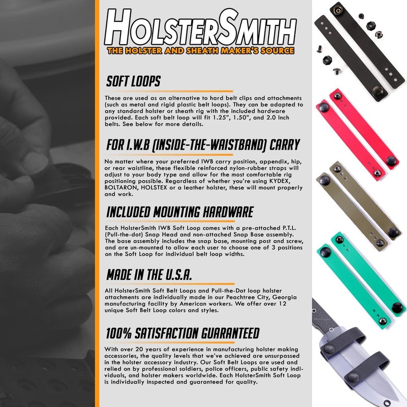 Holstex IWB Soft Belt Loops - w/Heavy Duty Rubberized Nylon Pull-The-Dot Security Snaps & Mounting Hardware - Holster Loops for IWB Carry - (Fit 1.25" to 2.00" Belts (Adjustable) - (Multi Colors) - Image 4