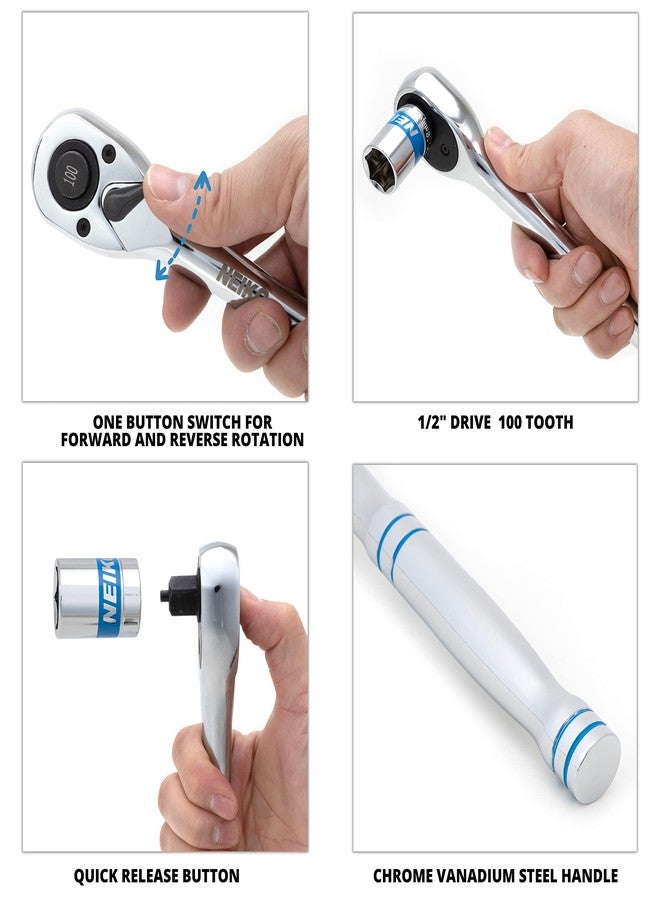 Neiko 03117A 1/2 Inch Ratchet Wrench, 100-Tooth Reversible Ratchet, 3.6 Degree, Quick Release 1/2 Drive Ratchet, 10" Long Handle Ratchet, Oval Head Socket Wrench, CR-V Steel Half Inch Rachet Wrench - Image 3