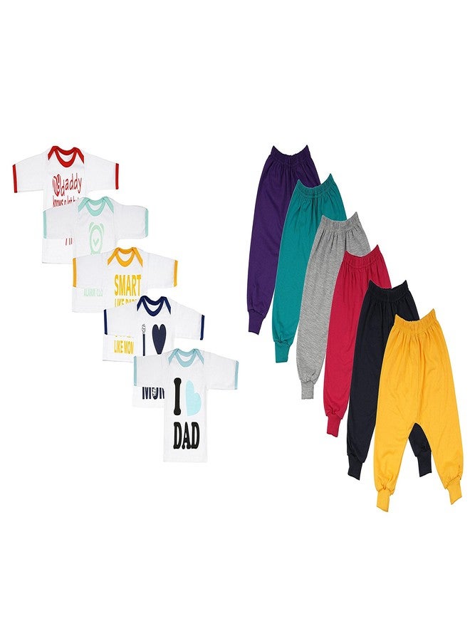First Kids Step FARETO Combo of 11,Baby Rib Track Pants Pack of 6 & 5 Mom & Dad Theme T-Shirt Unisex (Newborn) Multicolour - Image 1