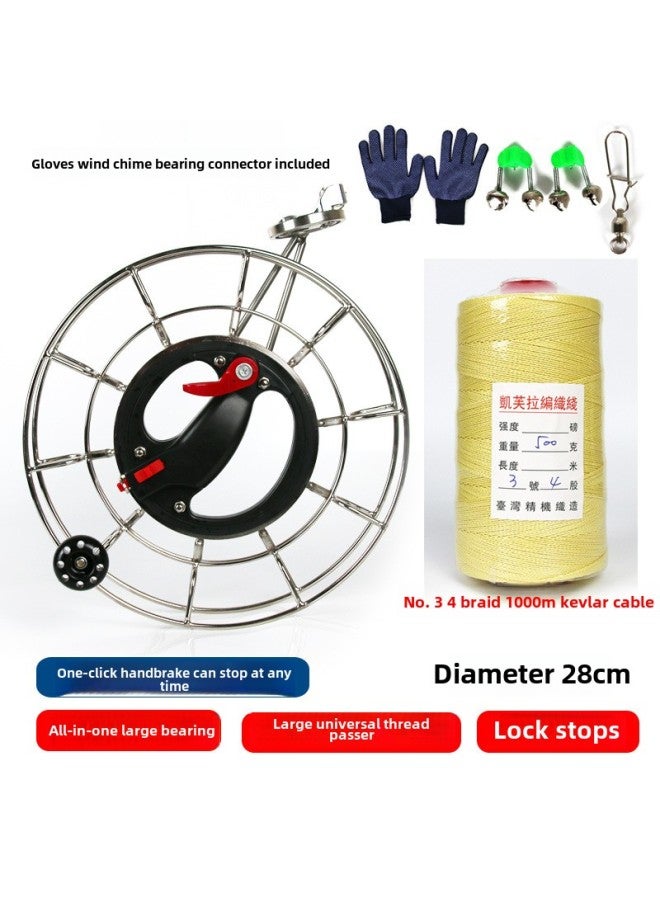 Kite Line Roulette Stainless Steel Kite Roulette Anti-reverse Hand Brake High-grade Large Bearing Hand Grip Wheel Spool Jianpeng-Colour:28 Handbrake Wheel + 4 Strands Braided 1000m Kevlar  - Image 1