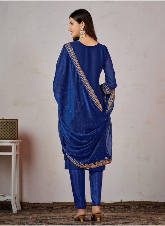 ISHIN - Straight Fit Embroidered Pattern Round Neck Three-Quarter Sleeves Blue Colour Woven Cotton Kurta Set for Women with Semi Elastic Closure - A Must-Have for Every Wardrobe - Image 1