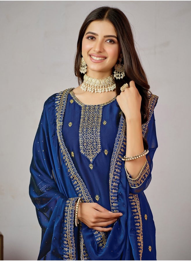 ISHIN - Straight Fit Embroidered Pattern Round Neck Three-Quarter Sleeves Blue Colour Woven Cotton Kurta Set for Women with Semi Elastic Closure - A Must-Have for Every Wardrobe - Image 1