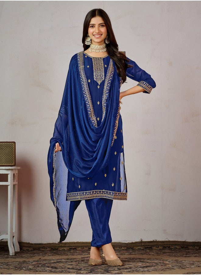 ISHIN - Straight Fit Embroidered Pattern Round Neck Three-Quarter Sleeves Blue Colour Woven Cotton Kurta Set for Women with Semi Elastic Closure - A Must-Have for Every Wardrobe - Image 1