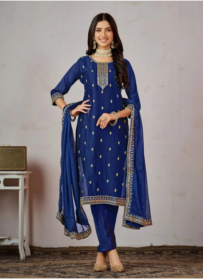 آي شين Straight Fit Embroidered Pattern Round Neck Three-Quarter Sleeves Blue Colour Woven Cotton Kurta Set for Women with Semi Elastic Closure - A Must-Have for Every Wardrobe