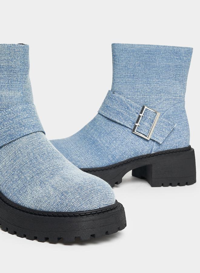 RAID Denim Look Buckle Detail Biker Ankle Boots by Styli  - Image 4