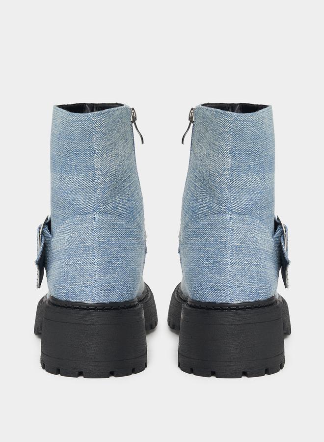 RAID Denim Look Buckle Detail Biker Ankle Boots by Styli  - Image 5