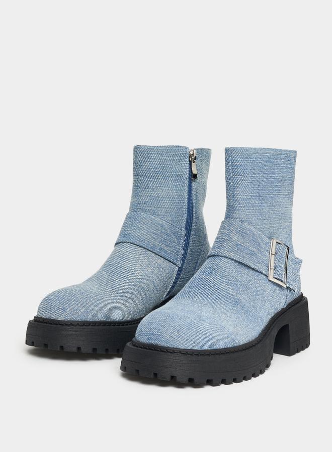RAID Denim Look Buckle Detail Biker Ankle Boots by Styli  - Image 3