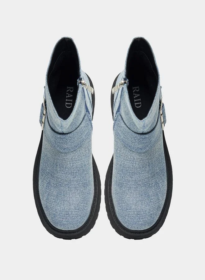 RAID Denim Look Buckle Detail Biker Ankle Boots by Styli